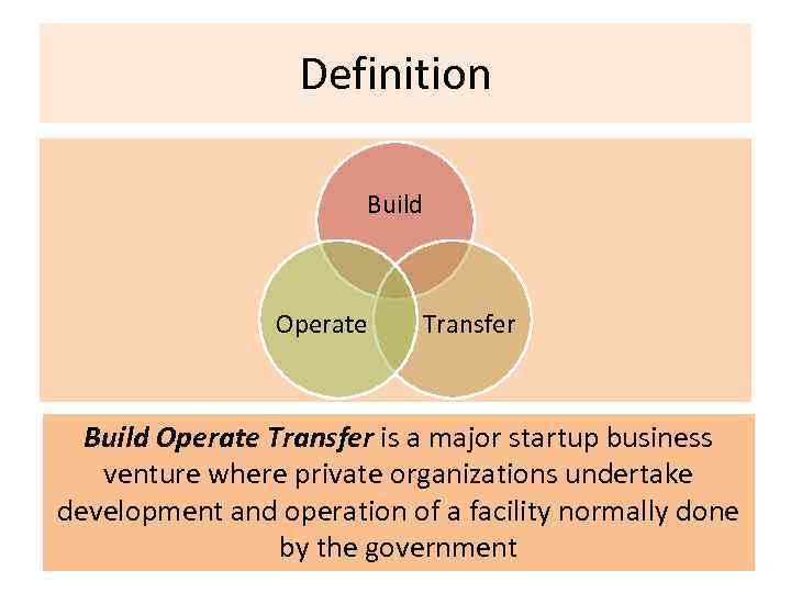 Definition Build Operate Transfer is a major startup business venture where private organizations undertake