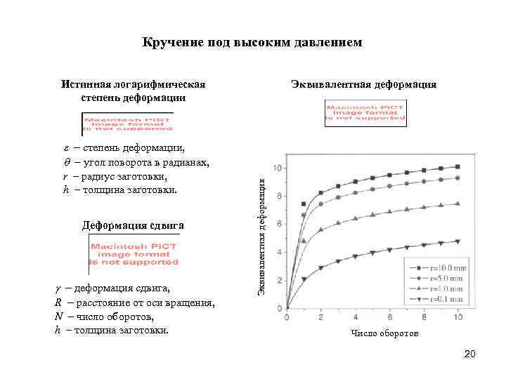 Кручение под высоким давлением Истинная логарифмическая степень деформации Эквивалентная деформация r – радиус заготовки,