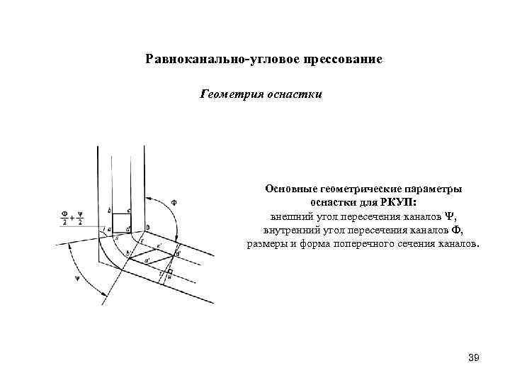 Равноканально-угловое прессование Геометрия оснастки Основные геометрические параметры оснастки для РКУП: внешний угол пересечения каналов
