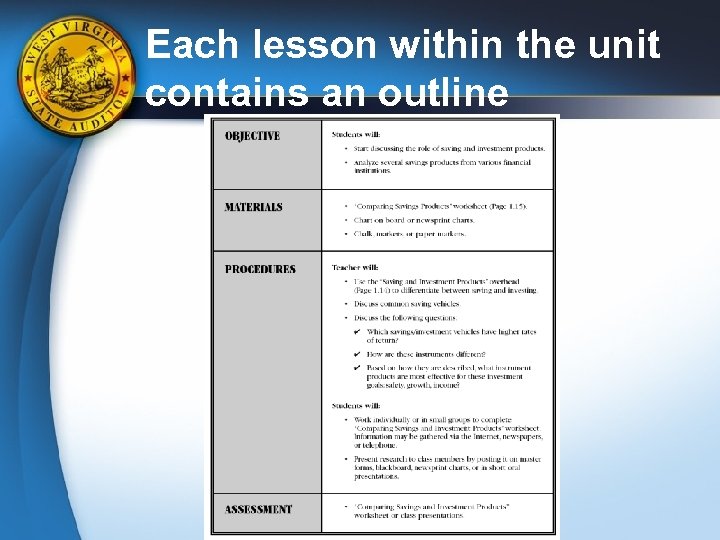 Each lesson within the unit contains an outline 