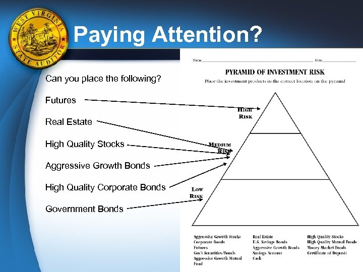 Paying Attention? Can you place the following? Futures Real Estate High Quality Stocks Aggressive