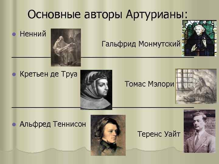 Основные авторы Артурианы: l Ненний Гальфрид Монмутский ______________________ l Кретьен де Труа Томас Мэлори