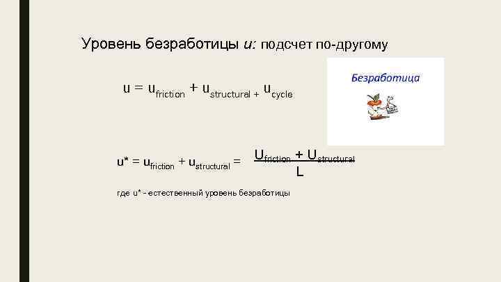 Уровень безработицы u: подсчет по-другому u = ufriction + ustructural + ucycle u* =