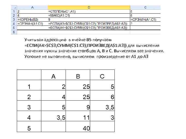 Учитывая адресацию в ячейке B 5 получаем =ЕСЛИ(A 4>$C$3; СУММ(C$1: C 3); ПРОИЗВЕД(A$1: A