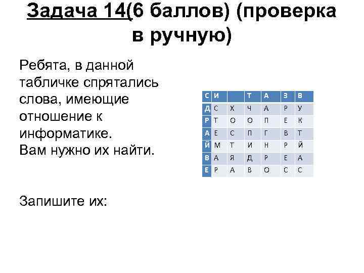 Задача 14(6 баллов) (проверка в ручную) Ребята, в данной табличке спрятались слова, имеющие отношение