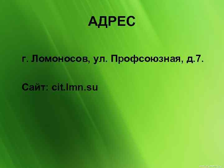 АДРЕС г. Ломоносов, ул. Профсоюзная, д. 7. Сайт: cit. lmn. su 