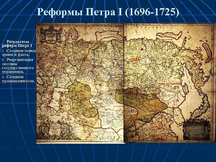 Реформы Петра I (1696 -1725) Результаты реформ Петра I 1. Создание новых армии и