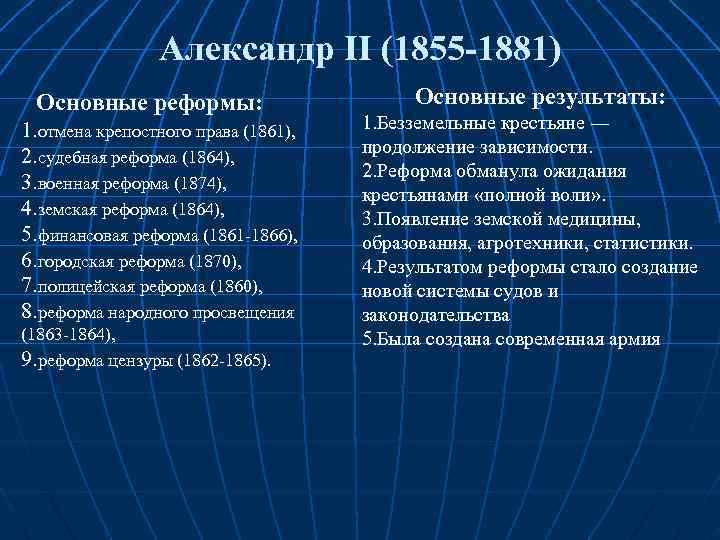 Александр II (1855 -1881) Основные реформы: 1. отмена крепостного права (1861), 2. судебная реформа