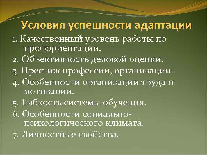 Условия успешности адаптации 1. Качественный уровень работы по профориентации. 2. Объективность деловой оценки. 3.