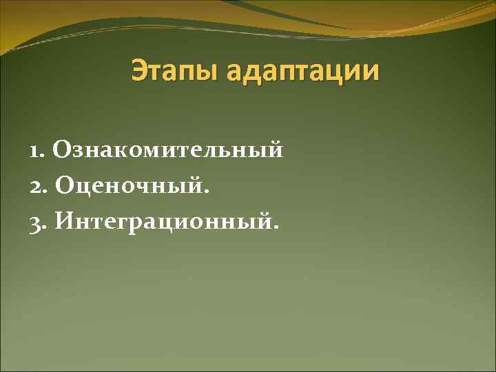 Этапы адаптации 1. Ознакомительный 2. Оценочный. 3. Интеграционный. 