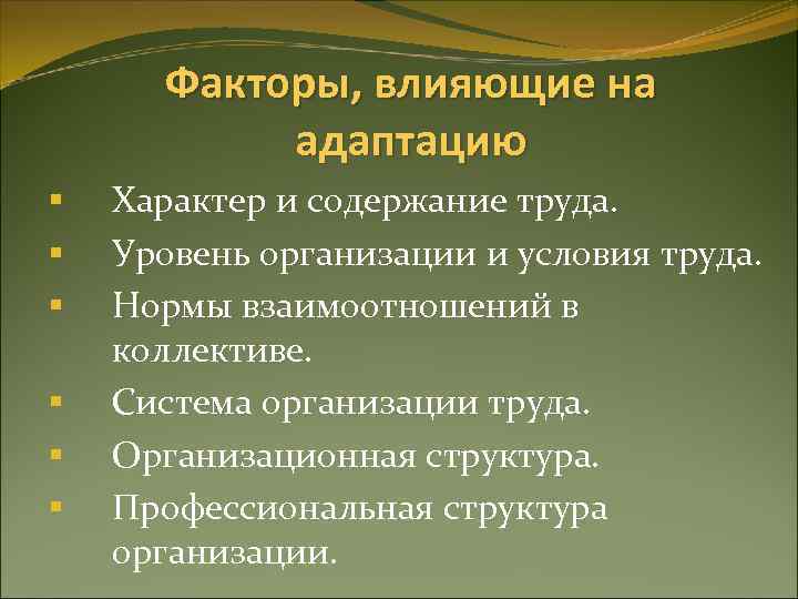 Факторы, влияющие на адаптацию § § § Характер и содержание труда. Уровень организации и