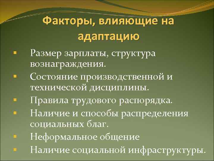 Факторы, влияющие на адаптацию § § § Размер зарплаты, структура вознаграждения. Состояние производственной и