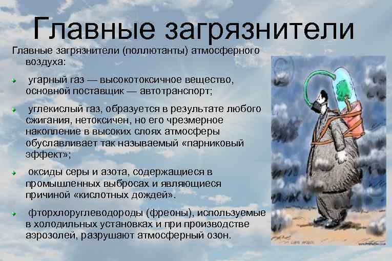 Главные загрязнители (поллютанты) атмосферного воздуха: угарный газ — высокотоксичное вещество, основной поставщик — автотранспорт;