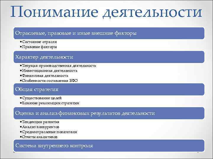 Понимание деятельности Отраслевые, правовые и иные внешние факторы • Состояние отрасли • Правовые факторы