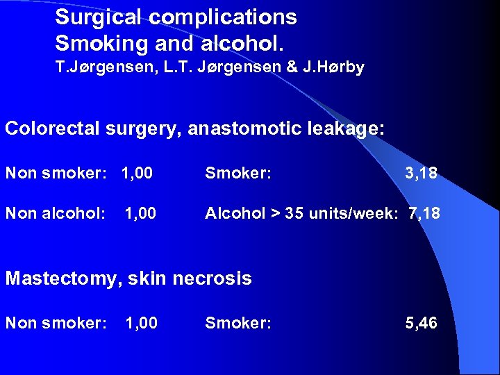 Surgical complications Smoking and alcohol. T. Jørgensen, L. T. Jørgensen & J. Hørby Colorectal
