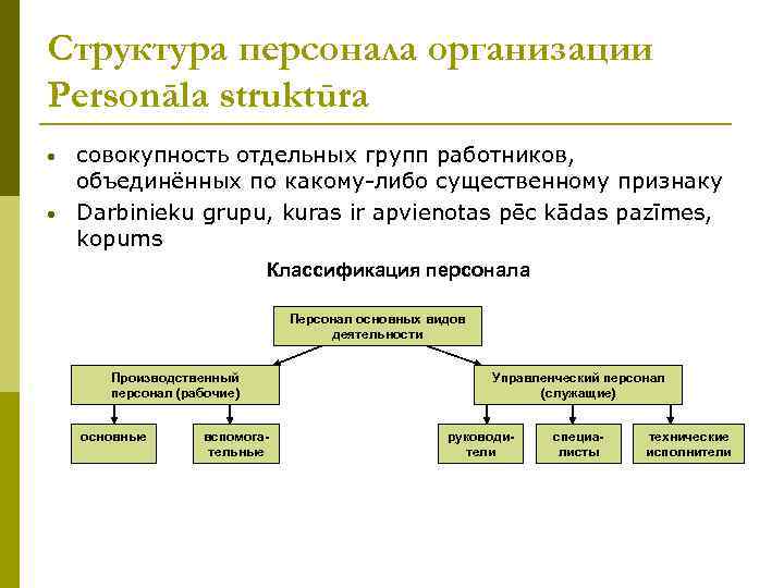 Структура персонала организации Personāla struktūra • • совокупность отдельных групп работников, объединённых по какому-либо