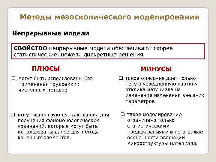 Методы мезоскопического моделирования Непрерывные модели СВОЙСТВО непрерывные модели обеспечивают скорее статистические, нежели дискретные решения