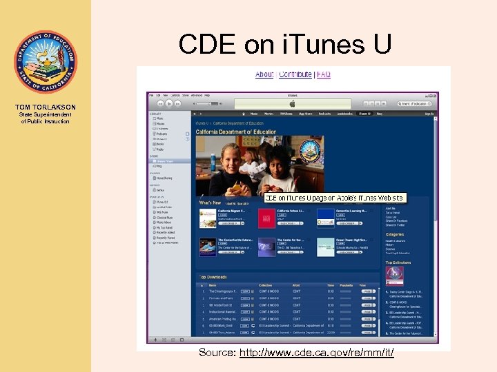 CDE on i. Tunes U TOM TORLAKSON State Superintendent of Public Instruction Source: http: