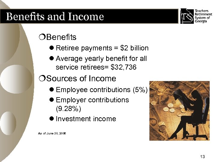 Benefits and Income ¦Benefits l Retiree payments = $2 billion l Average yearly benefit