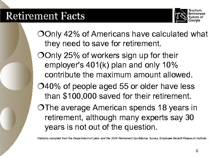 Retirement Facts ¦Only 42% of Americans have calculated what they need to save for