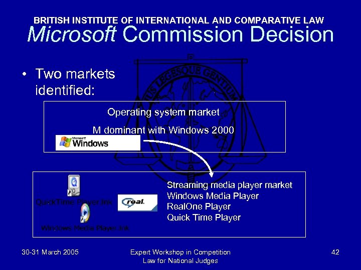 BRITISH INSTITUTE OF INTERNATIONAL AND COMPARATIVE LAW Microsoft Commission Decision • Two markets identified: