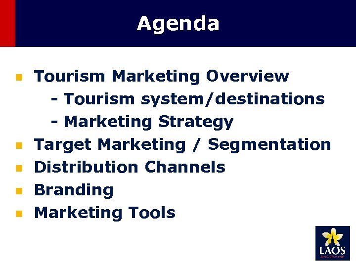 Agenda n n n Tourism Marketing Overview - Tourism system/destinations - Marketing Strategy Target
