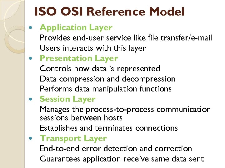 ISO OSI Reference Model Application Layer Provides end-user service like file transfer/e-mail Users interacts