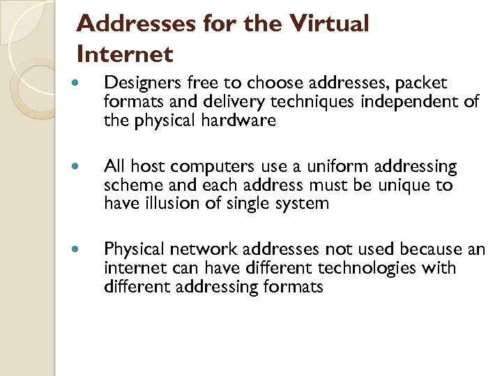 Addresses for the Virtual Internet Designers free to choose addresses, packet formats and delivery