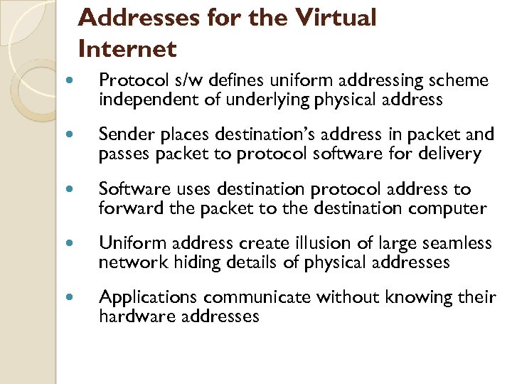 Addresses for the Virtual Internet Protocol s/w defines uniform addressing scheme independent of underlying