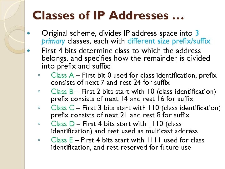 Classes of IP Addresses … ◦ ◦ ◦ Original scheme, divides IP address space