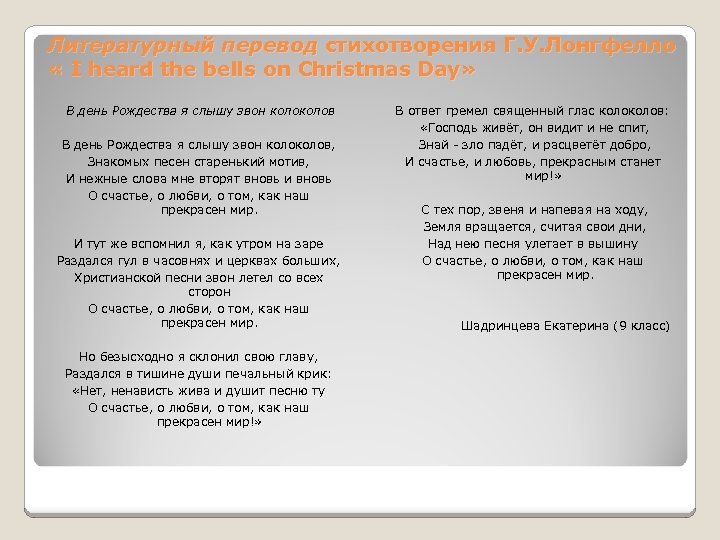 Литературный перевод стихотворения Г. У. Лонгфелло « I heard the bells on Christmas Day»