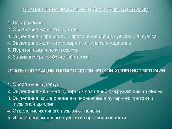 ЭТАПЫ ОПЕРАЦИИ ТИПИЧНОЙ ХОЛЕЦИСТЭКТОМИИ 1. Лапаротомия 2. Обнажение желчного пузыря 3. Выделение, перевязка и