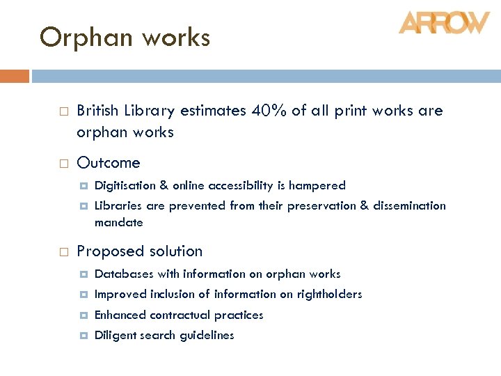 Orphan works British Library estimates 40% of all print works are orphan works Outcome