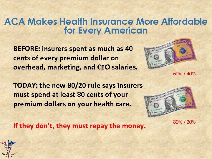 ACA Makes Health Insurance More Affordable for Every American BEFORE: insurers spent as much