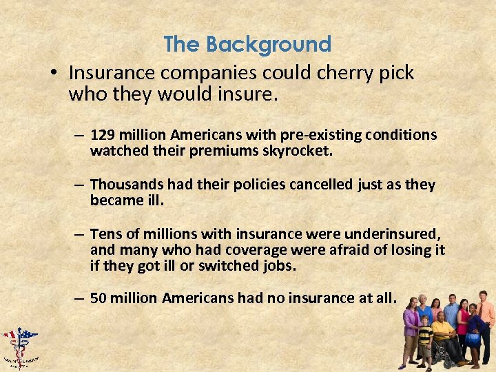 The Background • Insurance companies could cherry pick who they would insure. – 129