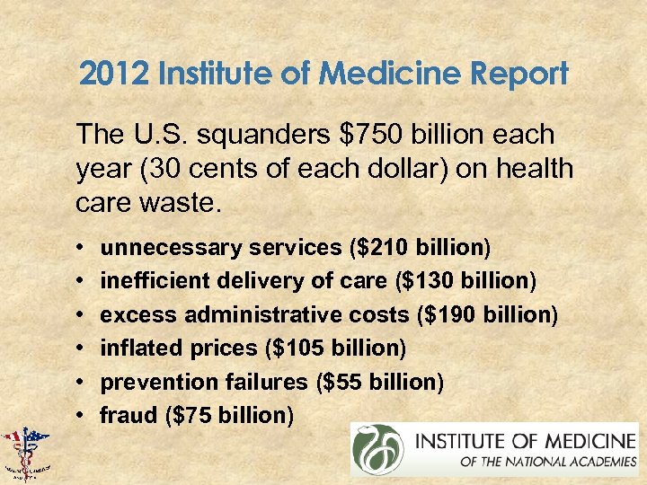 2012 Institute of Medicine Report The U. S. squanders $750 billion each year (30