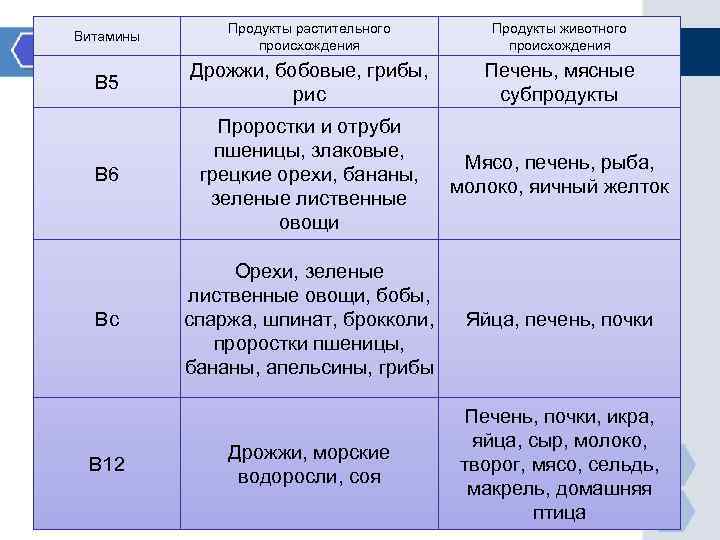 Витамины Продукты растительного происхождения Продукты животного происхождения B 5 Дрожжи, бобовые, грибы, рис Печень,