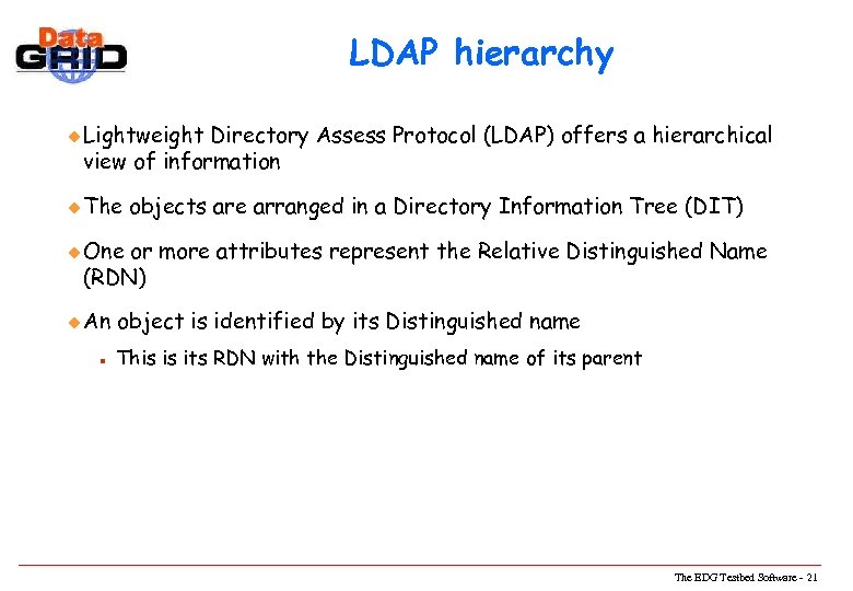 LDAP hierarchy u Lightweight Directory Assess Protocol (LDAP) offers a hierarchical view of information