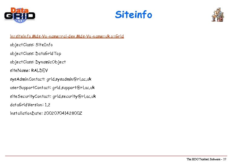 Siteinfo in=siteinfo, Mds-Vo-name=ral-dev, Mds-Vo-name=uk, o=Grid object. Class: Site. Info object. Class: Data. Grid. Top