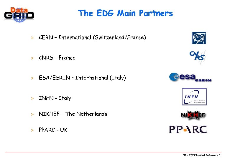 The EDG Main Partners Ø CERN – International (Switzerland/France) Ø CNRS - France Ø