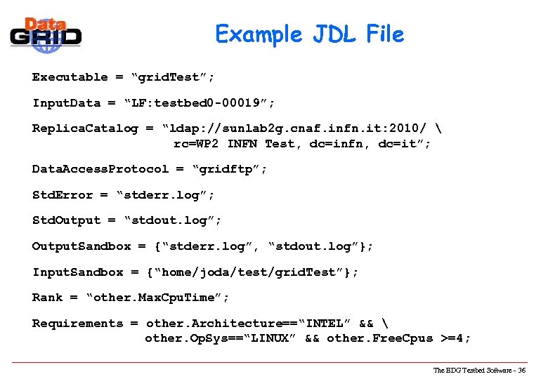 Example JDL File Executable = “grid. Test”; Input. Data = “LF: testbed 0 -00019”;
