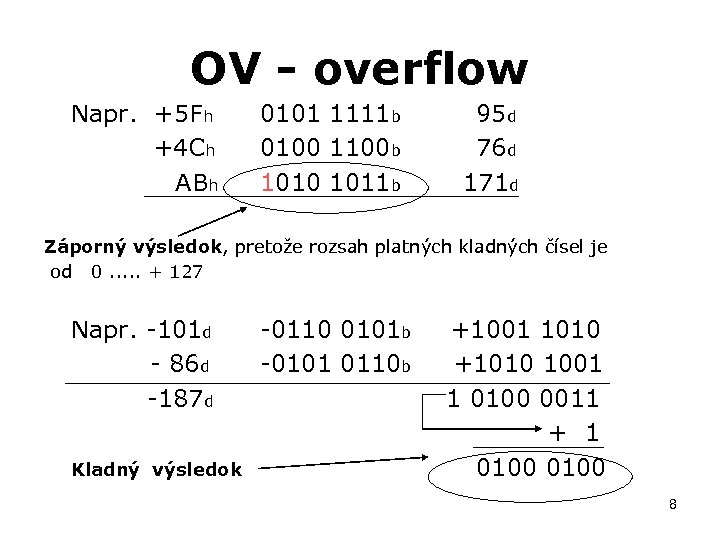 OV - overflow Napr. +5 Fh +4 Ch ABh 0101 1111 b 95 d