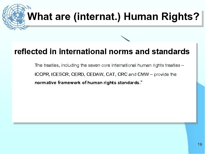 What are (internat. ) Human Rights? reflected in international norms and standards The treaties,