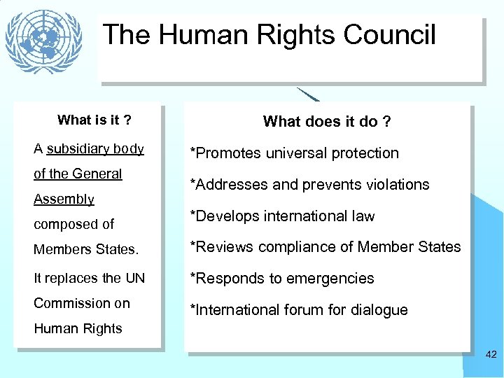 The Human Rights Council What is it ? A subsidiary body of the General