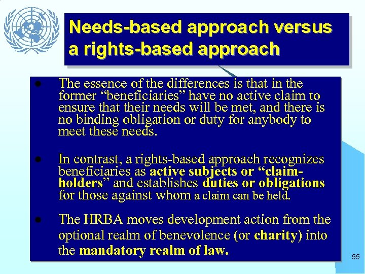 Needs-based approach versus a rights-based approach l The essence of the differences is that