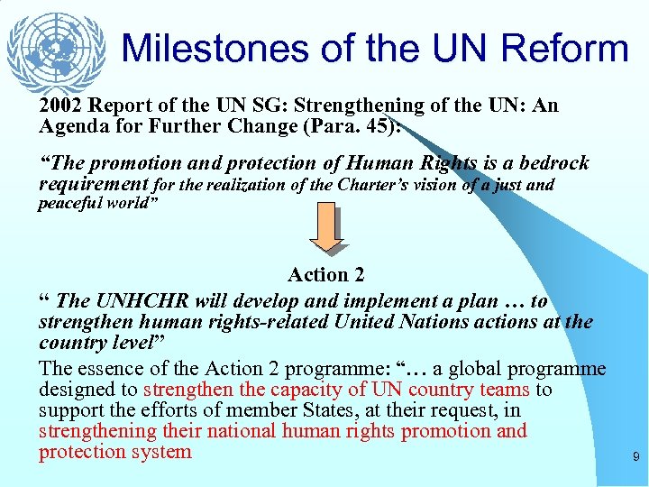 Milestones of the UN Reform 2002 Report of the UN SG: Strengthening of the