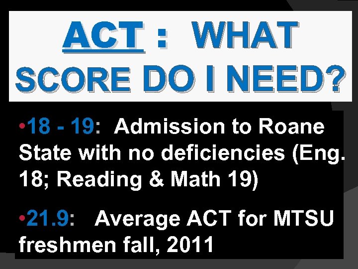 ACT : WHAT SCORE DO I NEED? • 18 - 19: Admission to Roane