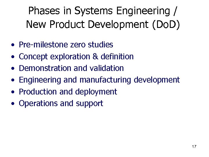 Phases in Systems Engineering / New Product Development (Do. D) • • • Pre-milestone