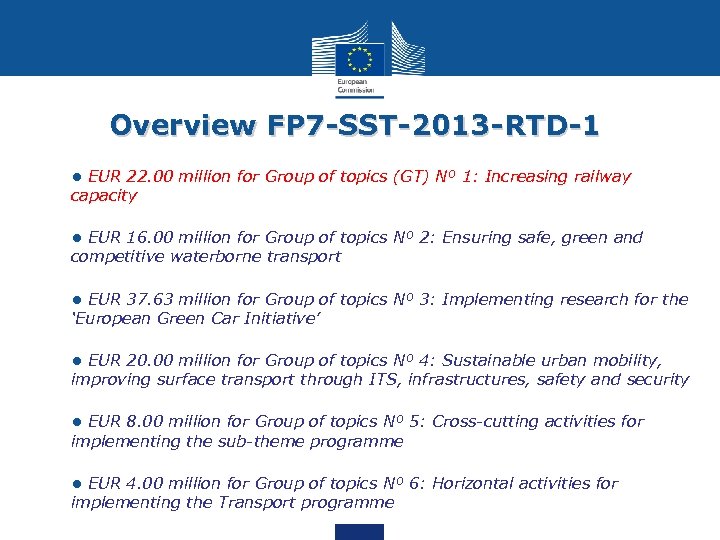 Overview FP 7 -SST-2013 -RTD-1 Ø • EUR 22. 00 million for Group of