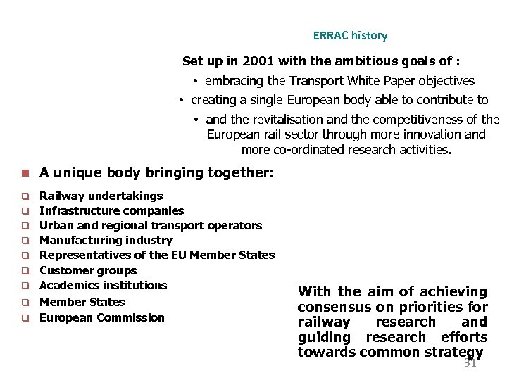 ERRAC history Set up in 2001 with the ambitious goals of : • embracing